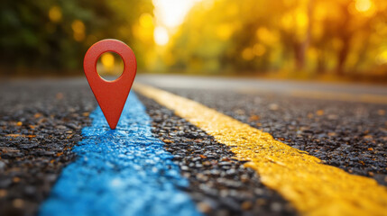 red location pin stands prominently road marked with blue and yellow lines, symbolizing navigation and direction. warm, golden light of sunset enhances scene, evoking sense of adventure