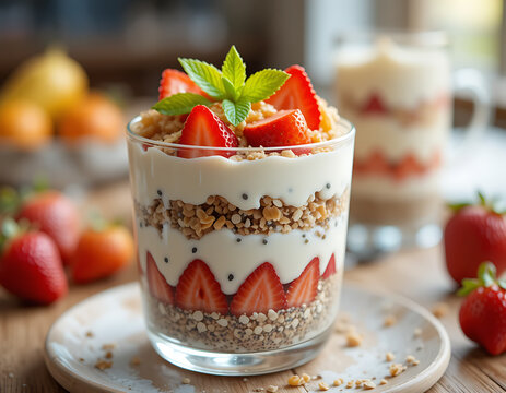 Delicious layered parfait featuring fresh strawberries granola yogurt and mint leaf garnish displayed elegantly in a glass