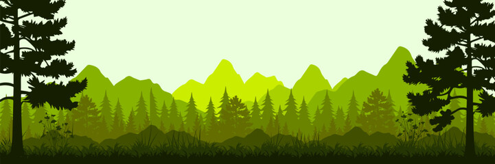 Fototapeta premium Jungle vector forest silhouette landscape, blue, purple, and orange tropical nature background,with leaves, grass, trees, and moon nature frame and copy space 
