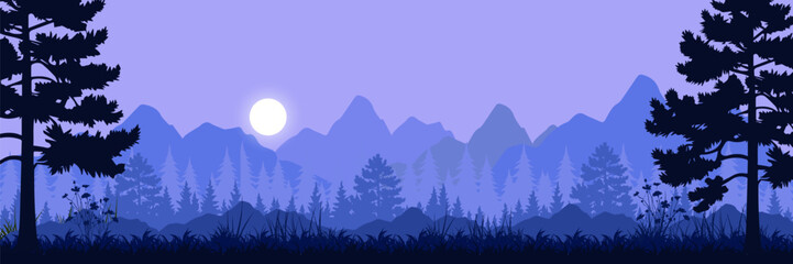 Fototapeta premium Jungle vector forest silhouette landscape, blue, purple, and orange tropical nature background,with leaves, grass, trees, and moon nature frame and copy space 