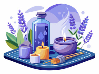 A scented candle and lavender oil bottle on a tray. White background, relaxing sleep environment