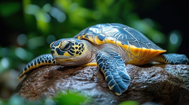 Close-up of a serene sea turtle resting on a rock.
