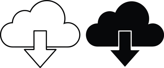 Cloud storage icon representing data download process in outline and filled styles