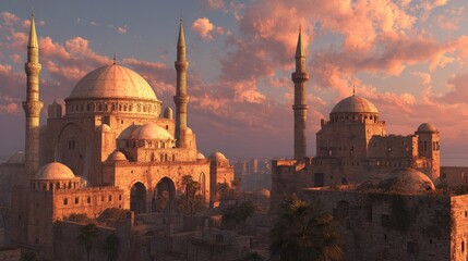 Ancient mosque complex at sunset