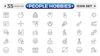People Hobbies outline Icons set. Vector illustration in modern thin line style of human life-related icons: nutrition, entertainment, personal development, daily routine. Editable stroke outline icon