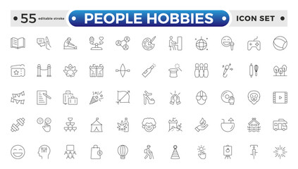 People Hobbies outline Icons set. Vector illustration in modern thin line style of human life-related icons: nutrition, entertainment, personal development, daily routine. Editable stroke outline icon