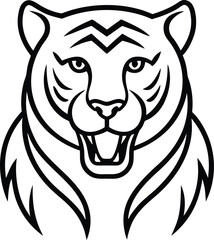 Bold black and white outline illustration of a fierce tiger head on a white background