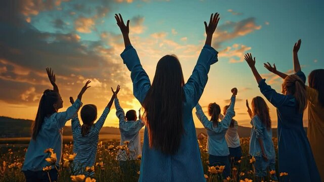 Golden Hour Devotion: A diverse gathering of individuals raises their arms in a field under the radiant glow of the setting sun, an ode to faith, togetherness, and the beauty of shared moments.