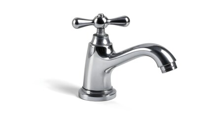 Vintage silver water tap isolated on white, metallic texture and shadow