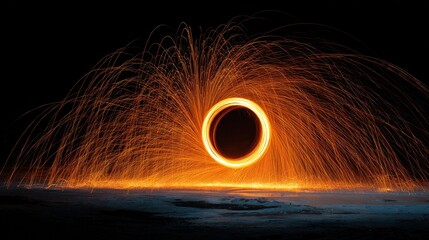Spinning fiery ring of light against dark background