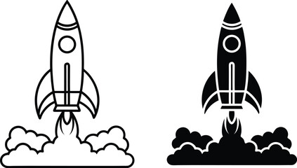 Vector illustration of a black and white rocket ship launching into space on white background