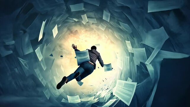 Man in suit falling through a vortex of flying papers, documents, abstract background of contracts and business reports, bureaucratic nightmare