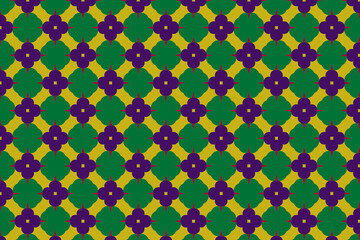 Stylish ornamental print ideal for textiles. A bold geometric green, violet floral pattern on yellow background. Decorative pattern.