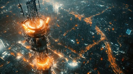 Futuristic Cityscape: Illuminated Tower Above a Glowing Metropolis at Night
