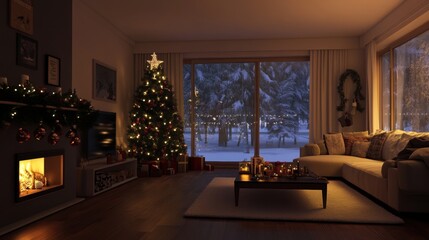 Festive Living Room Interior with Illuminated Christmas Tree at Night