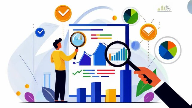 Illustration of data analysis with graphs, magnifying glasses, checkmarks, and pie charts in business and finance.