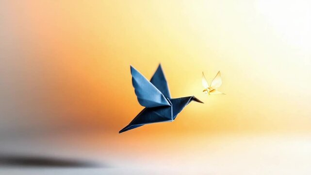 A folded origami bird hovers near a glowing point of light. This origami scene represents hope, peace, and transformation through creativity and symbolism.