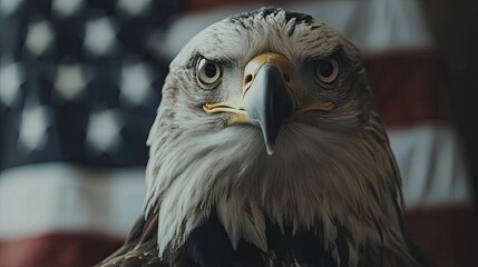 Bald Eagle Stare With USA Flag Background. Symbol Of Freedom, And National Pride.