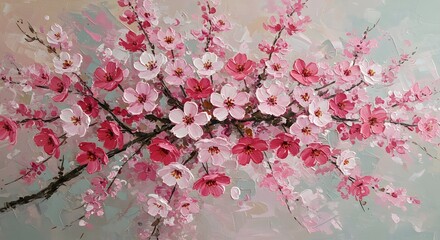 Blossoming Tree Branch Painting with Pink and White Flowers