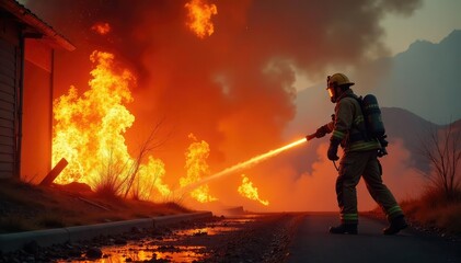 A firefighter battling a large blaze, flames engulfing a building Dramatic scene of intense fire and emergency response , firetruck, smoke plume, smoke