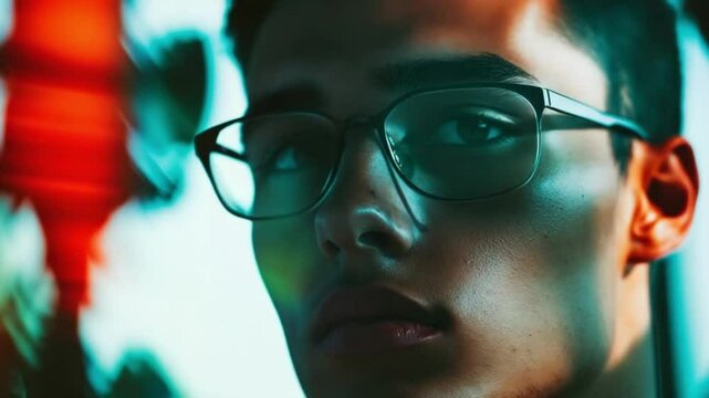 Under the warm glow of an afternoon sun, a young man with glasses displays a thoughtful expression. Surrounding colors blend beautifully, amplifying the mood of curiosity and playfulness