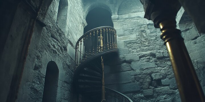 Ancient Spiral Staircase Dark Stone Walls Old Castle Interior Architecture iron gold steps grand