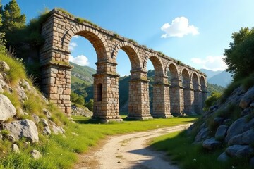 Obraz premium Ancient Roman aqueduct ruins, weathered stone, historical architecture, sunny day , history, civilization, monument