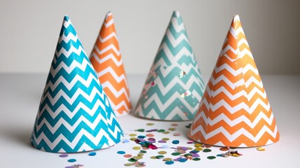 Obraz premium Colorful chevron party hats with confetti on white background 