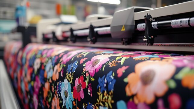Sublimation printers printing vibrant floral patterns on fabric, showcasing dtf technology for textile design.