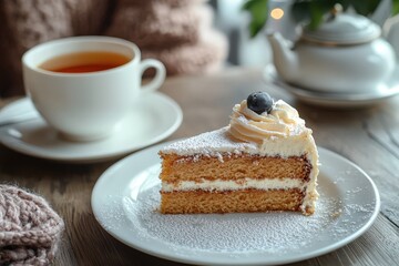Delicious cake slice with whipped cream and tea. Perfect for cozy autumn or winter atmosphere. Ideal for food blogs, cafes, and dessert menus.