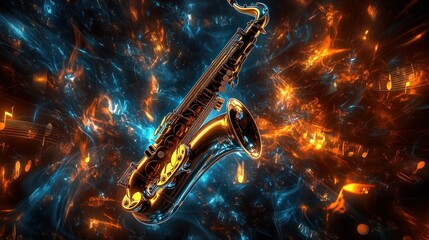 Saxophone Symphony: A fiery abstract artwork of a golden saxophone in a swirling cosmic nebula of musical notes and vibrant colors.
