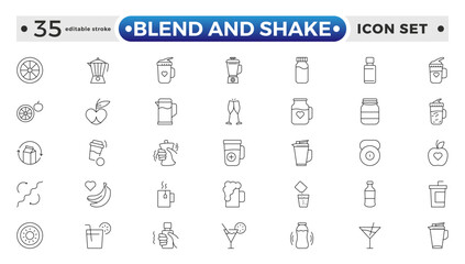 blend and shake outline icon set. Contains related to cocktail, brandy, liquor, beverage, tequila, bar, mojito, old. Collection for mobile and web apps. Editable stroke outline icon.
