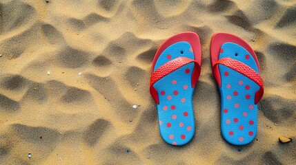 Naklejka premium A pair of flip-flops rests on a sandy beach with a blurred background.
