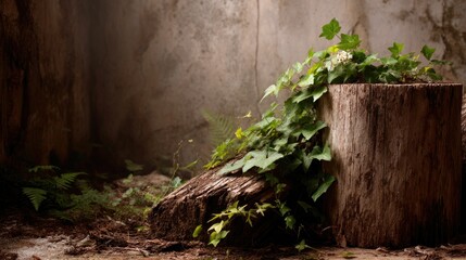 Fototapeta premium Rustic Log and Ivy Still Life: A Moody Nature Study