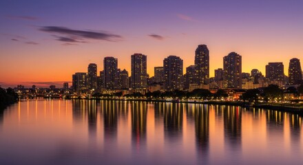 Fototapeta premium Golden hour city skyline reflecting in the river with stunning sunset colors