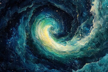 Stunning abstract cosmic swirl painting. Teal, green, and yellow hues create a mesmerizing galaxy-like effect. Ideal for website banners, social media, and artistic projects.