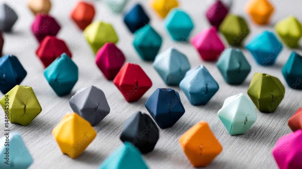 Poster colorful geometric shapes made with 3d printing technology are neatly arranged on a smooth white sur