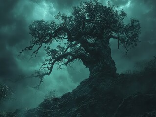 Fototapeta premium Dark fantasy landscape, featuring a large, ominous tree under a stormy sky. Perfect for game backgrounds, book covers, and Halloween projects. Ideal for commercial use.