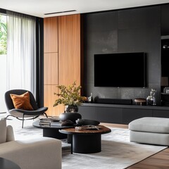 Modern Living Room with Wooden Panel and TV Wall