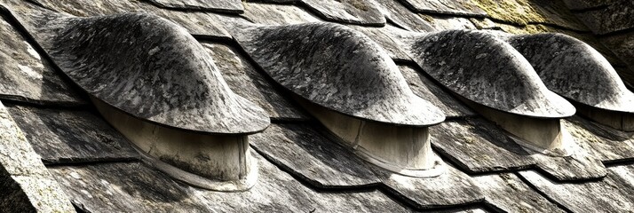 Weathered Stone Roof Architectural Details Three Unique Shaped Vents old art grey aged home black