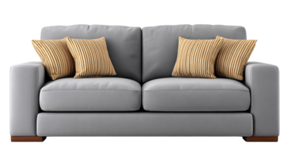 Modern gray velvet sofa with clean lines and four striped yellow cushions creating cozy and stylish seating area