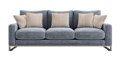 Modern gray velvet sofa with clean lines and five striped beige cushions for cozy and stylish living room