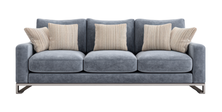 Modern gray velvet sofa with clean lines and five striped beige cushions for cozy and stylish living room