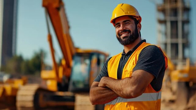 A smiling builder stands confidently with arms crossed at a construction site. Wearing a hard hat and safety vest, this builder scene shows confidence, construction strength, and professionalism.

