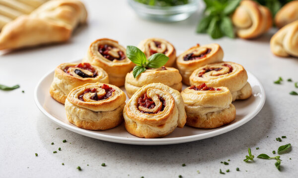 Puff Pastry Pinwheels with Sun-Dried Tomato & Basil on White Porcelain Platter