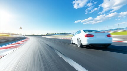Speeding white car on race track: blurred motion racing car driving fast with blue sky motorsports competition and performance automotive concept with motion blur background