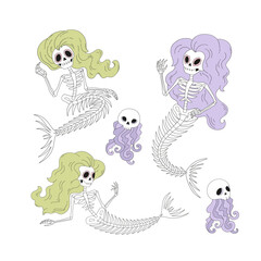 Cute mermaid skeleton Scull jellyfish hand drawn vector clip-art set isolated on white. Spooky Pastel Goth Creepy Halloween Underwater ocean design elements.