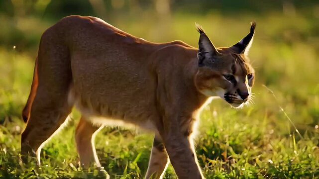 Majestic Caracal Walking Through Green Field with Golden Light a Wild Cat with Striking Features and a Graceful Stride in the African Savanna