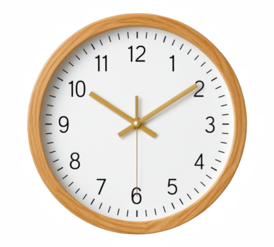 Modern wall clock with minimalist wooden frame and clear black numbers showing time with calm precision