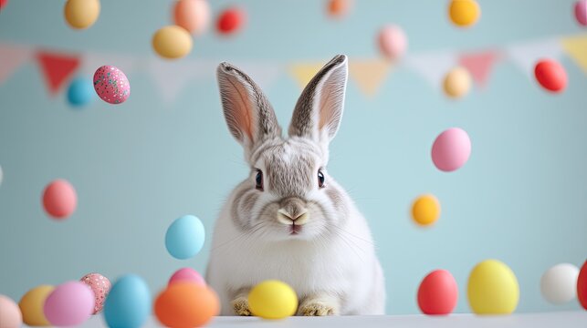 Sweet Easter Bunny With Colorful Eggs And Decorations. Spring Holiday Concept.